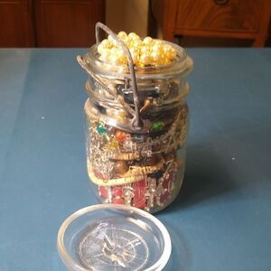 Vintage Atlas Pint Jewelry Jar with Beads and Chains